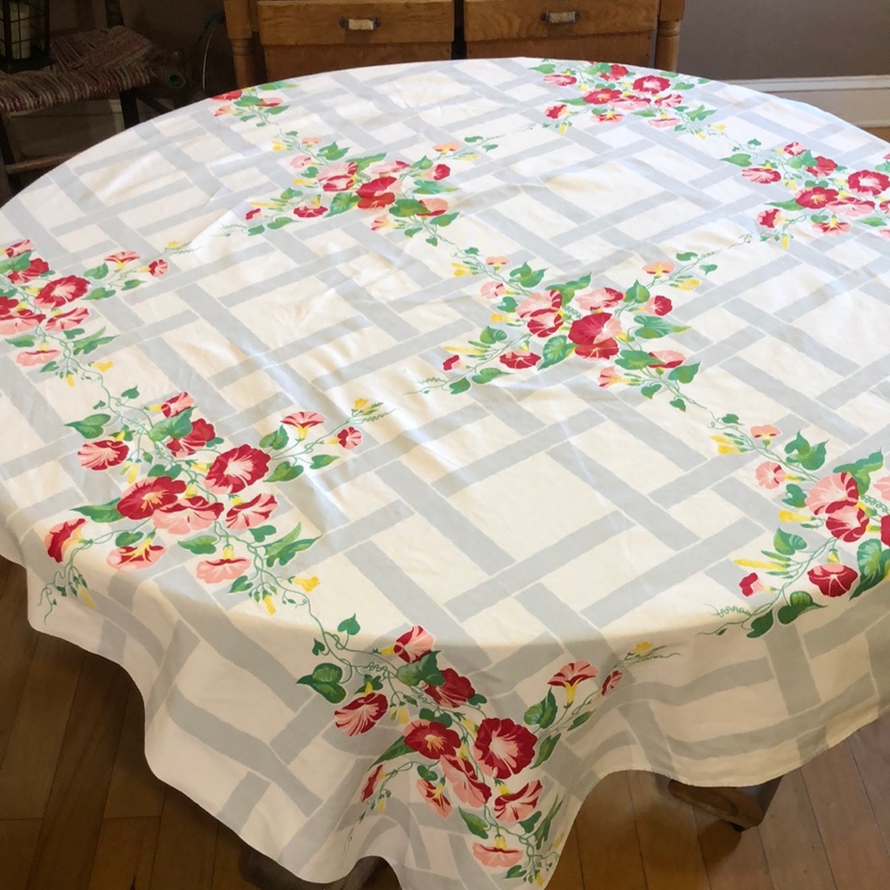 Vintage cotton square tablecloth morning glory pattern